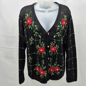 BP Design Holiday Poinsettia Beaded Cardigan Sweater Medium Vintage